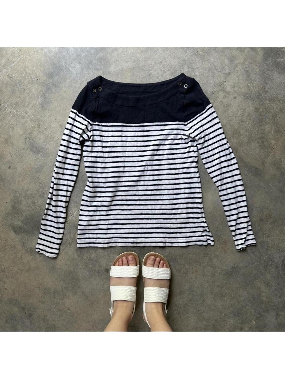 LOFT white and navy horizontal striped long sleeve top with button detail
